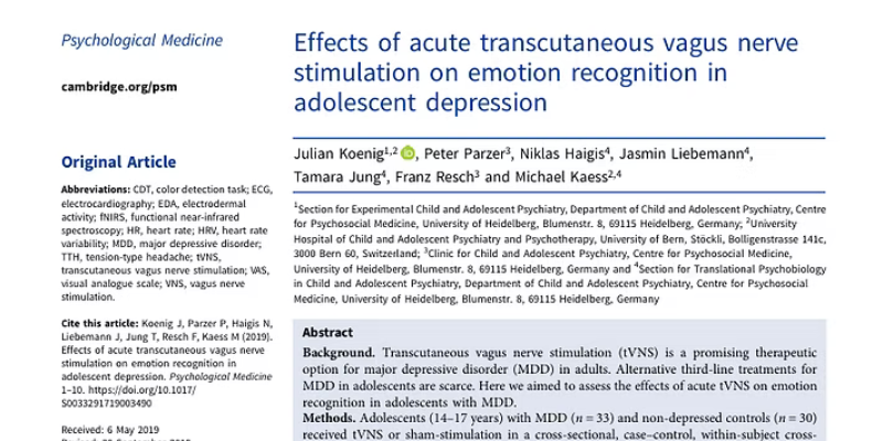 Okładka publikacji: Effects of Acute Transcutaneous Vagus Nerve Stimulation on Emotion Recognition in Adolescent Depression